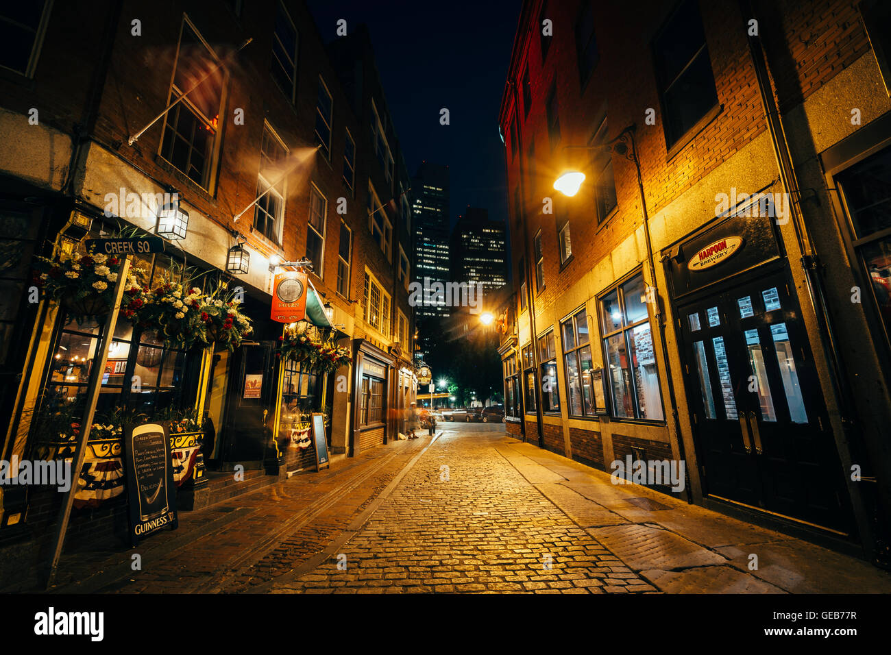 The beautiful cobblestone Marshall Street at night, in Boston, Massachusetts. Stock Photo