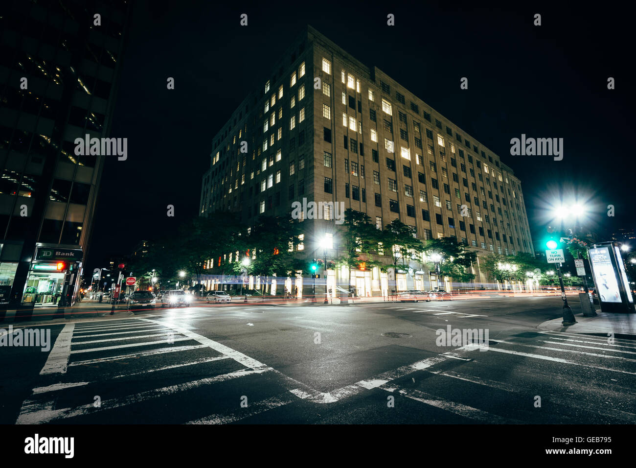 The intersection of Clarendon Street and Boylston Street at night, in Back Bay, Boston, Massachusetts. Stock Photo