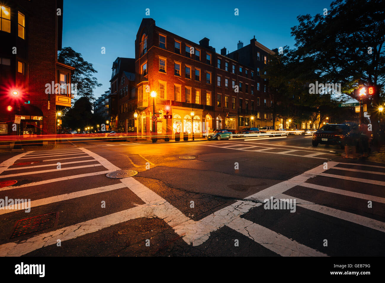 The intersection of Pinckney Street and Charles Street at night, in Beacon Hill, Boston, Massachusetts. Stock Photo