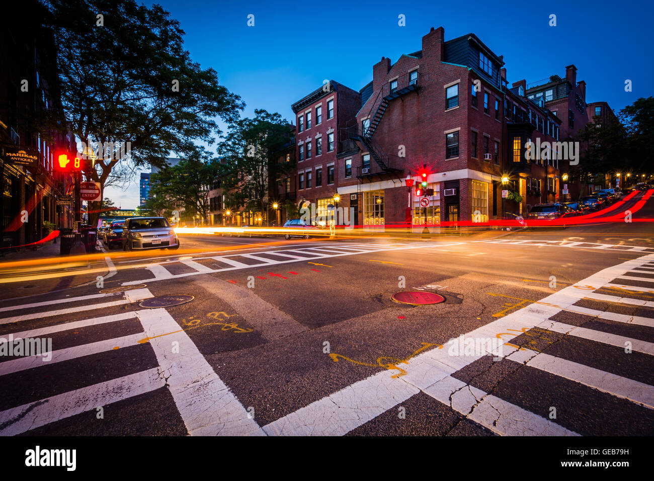 The intersection of Revere Street and Charles Street at night, in Beacon Hill, Boston, Massachusetts. Stock Photo