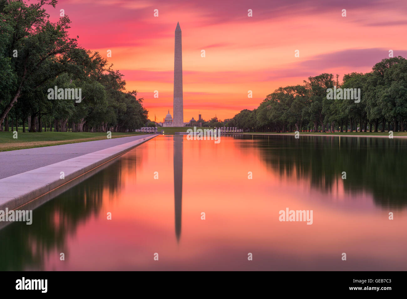 Washington Monument on the Reflecting Pool in Washington, DC. Stock Photo