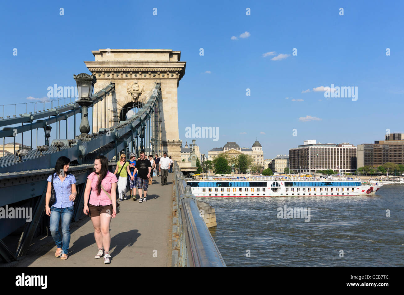 Budapest: Chain Bridge ( Szechenyi Lanchid ) on the Danube, Hungary, Budapest, Stock Photo