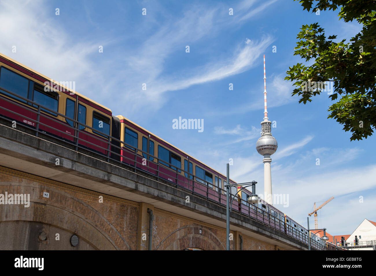 S-Bahn and television tower in Berlin Stock Photo