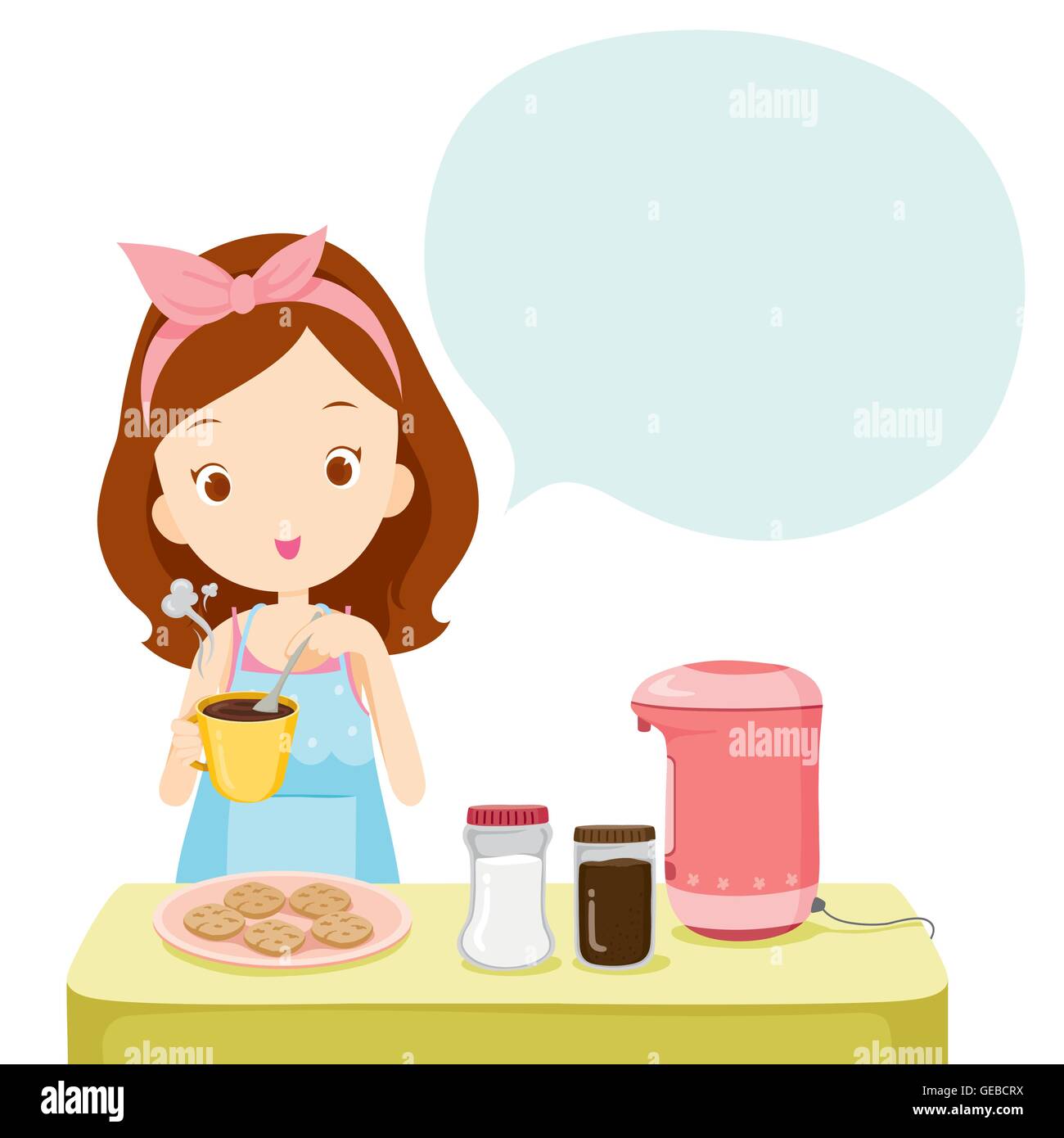 Girl Making Coffee With Talk Bubble, Kitchen, Kitchenware, Crockery, Cooking, Food, Bakery, Occupation, Lifestyle Stock Vector