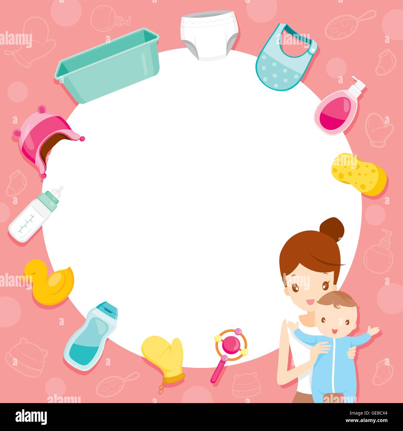 Mother And Baby With Icons, Objects On Border, Accessories, Frame