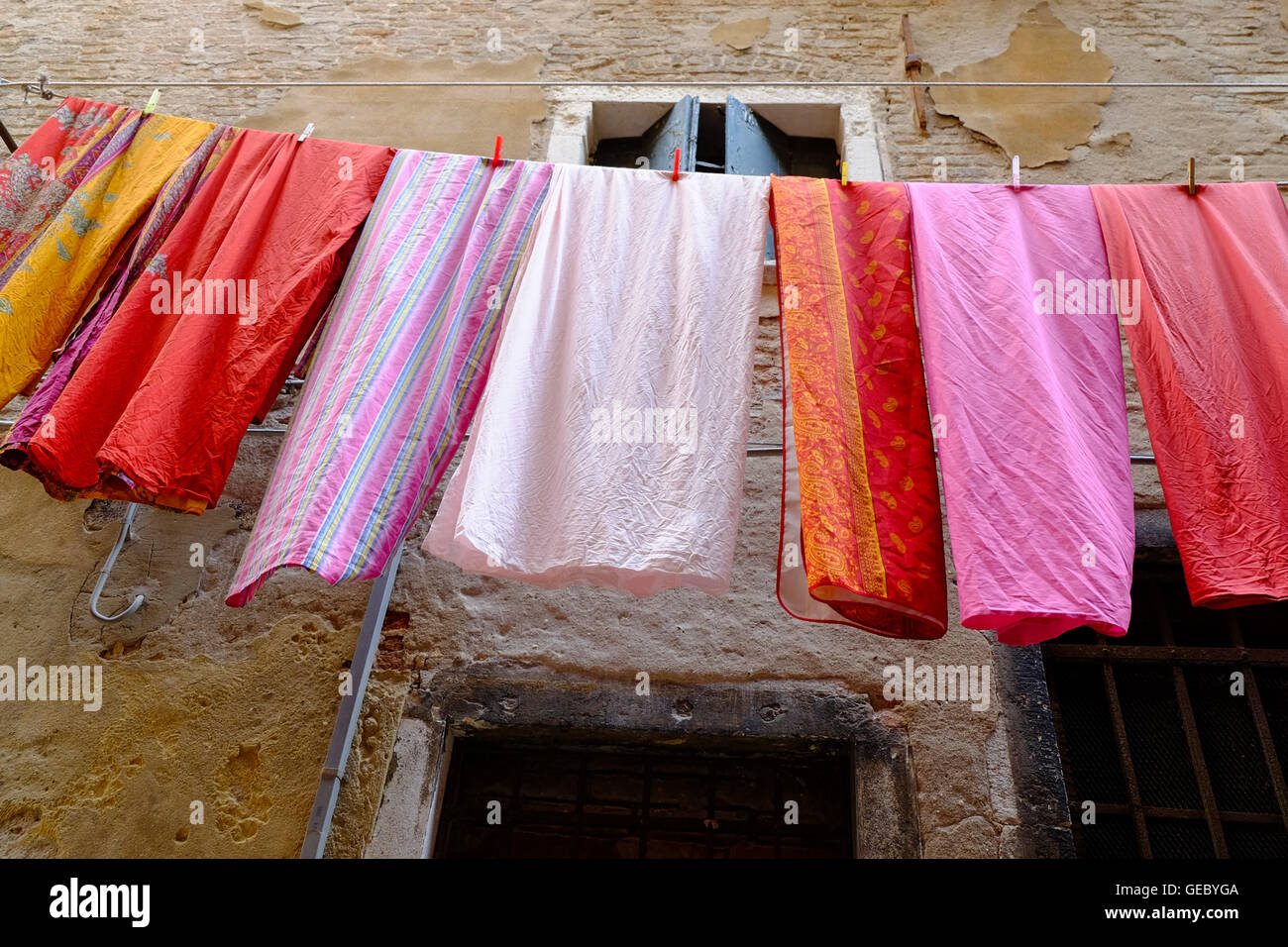 Colourful laundry hanging on a clothes line Venice Italy Stock Photo