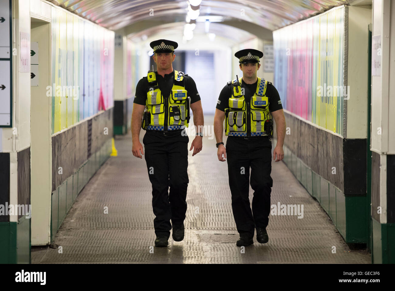 British Transport Police (BTP) at Cardiff railway train station in Cardiff, Wales, UK. Stock Photo