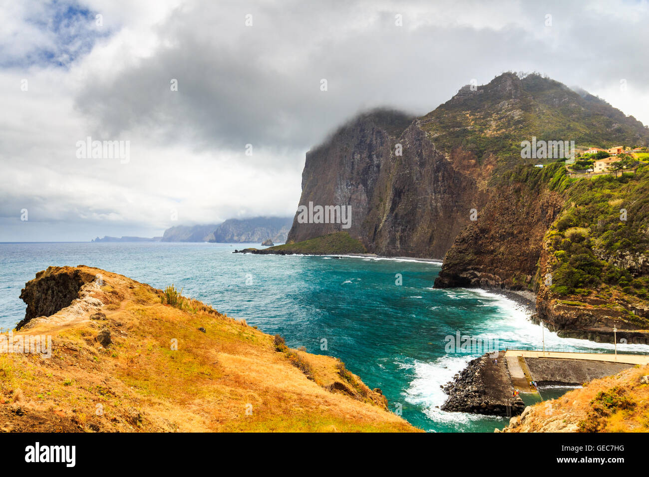 Amazing view of mountains and ocean on the northern coast of Madeira near Boaventura, Portugal Stock Photo
