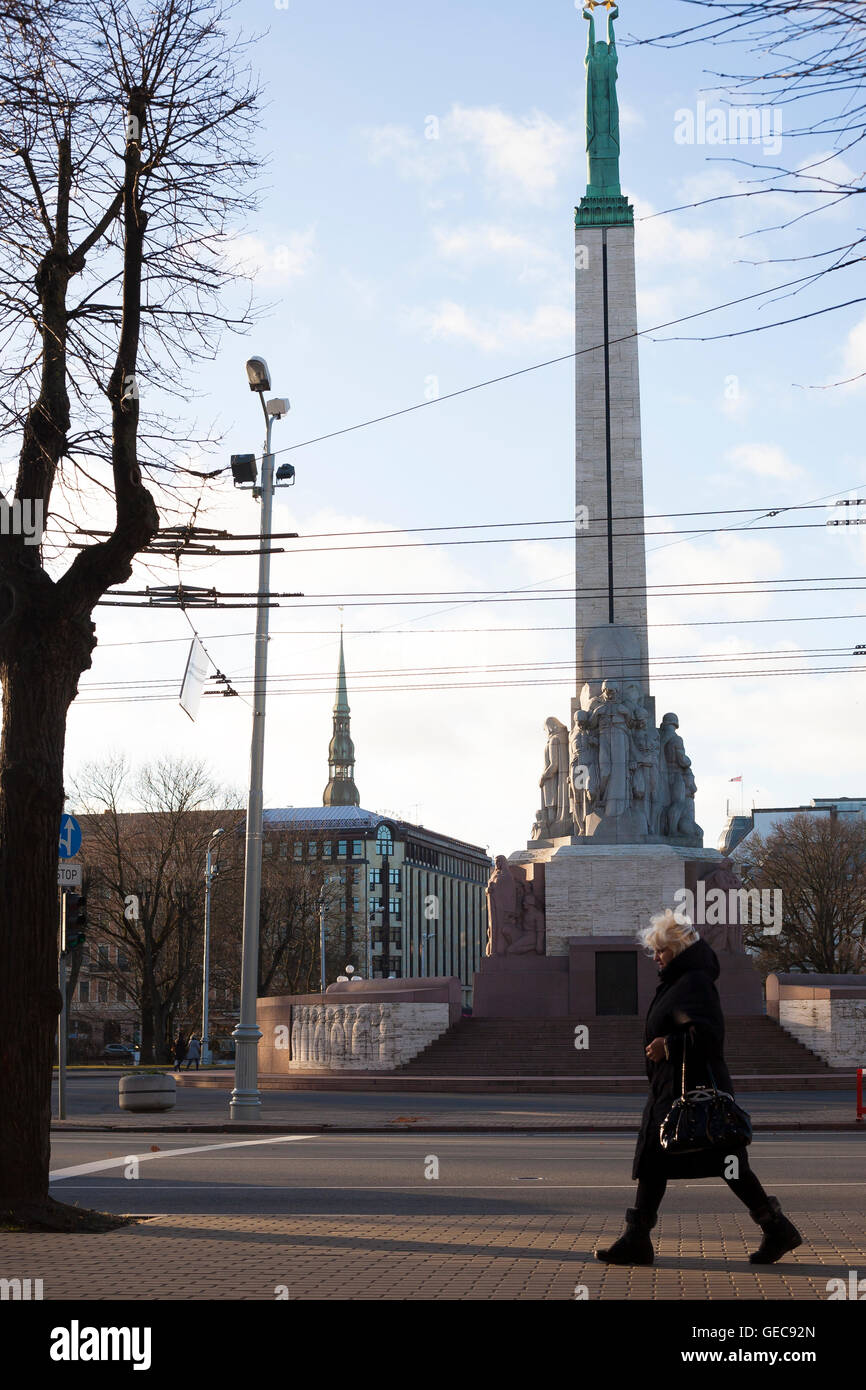 The freedom monument stands 42 meters high on Freedom boulevard in the center of Riga, and is an important symbol to Latvians Stock Photo