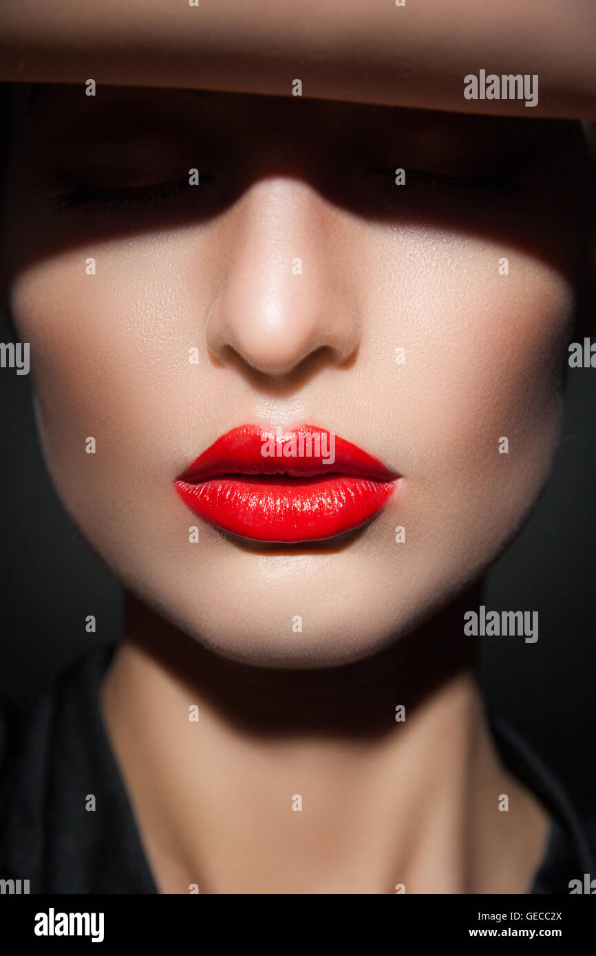 Close-up of model with red lips and perfect skin Stock Photo