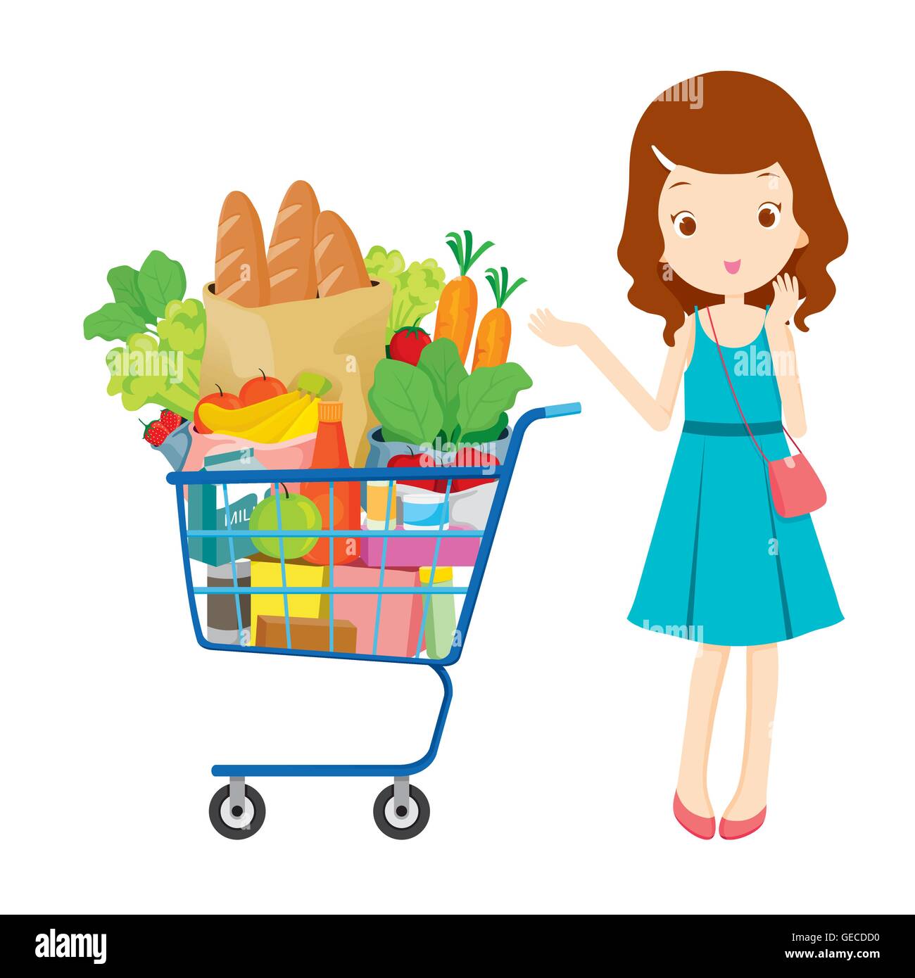 Girl and shopping cart full of eating, goods, food, beverage, beauty, lifestyle Stock Vector
