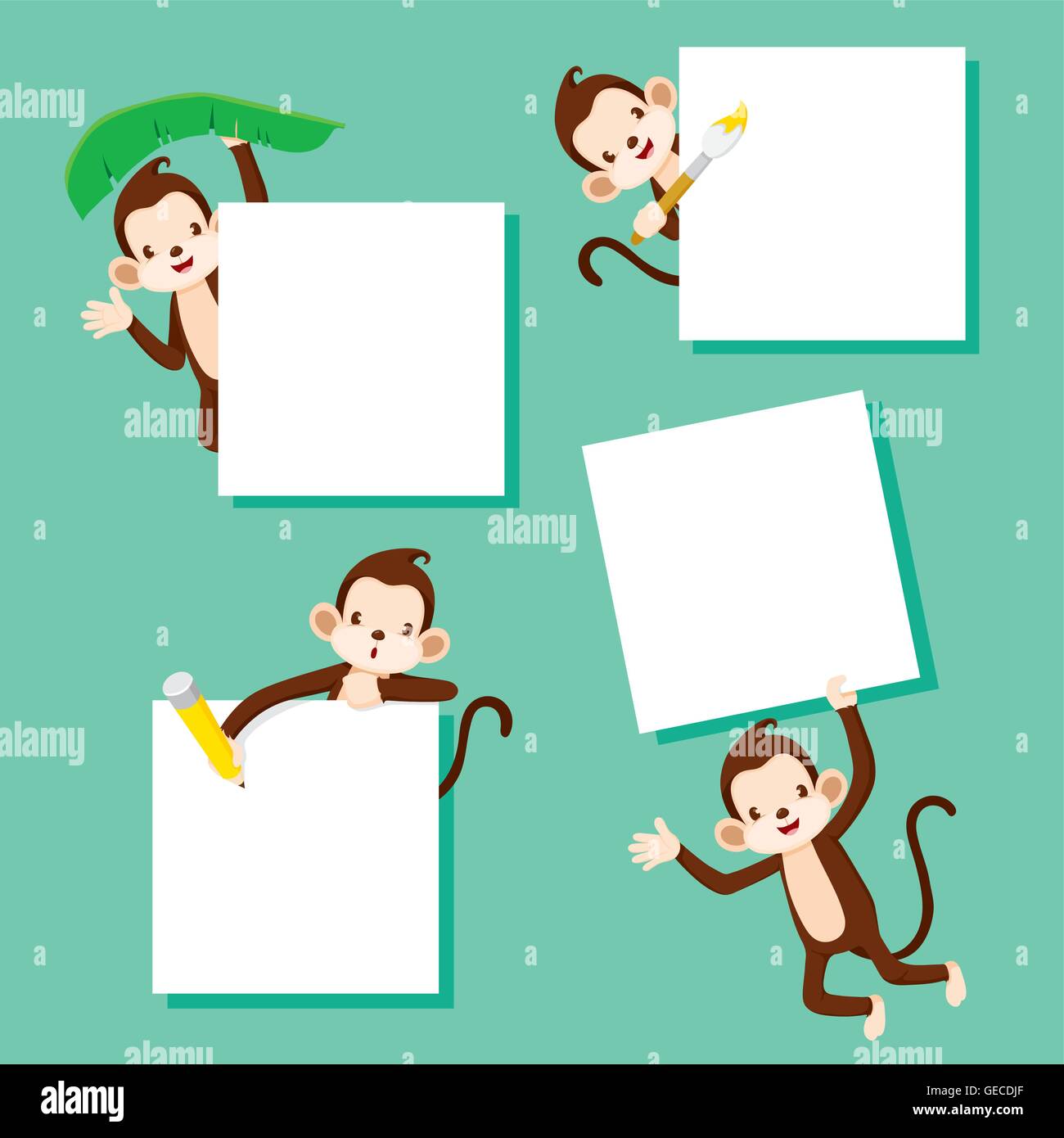 Monkey With Blank Sign Set, Animal, Education, Celebration, Festive, Anniversary Stock Vector