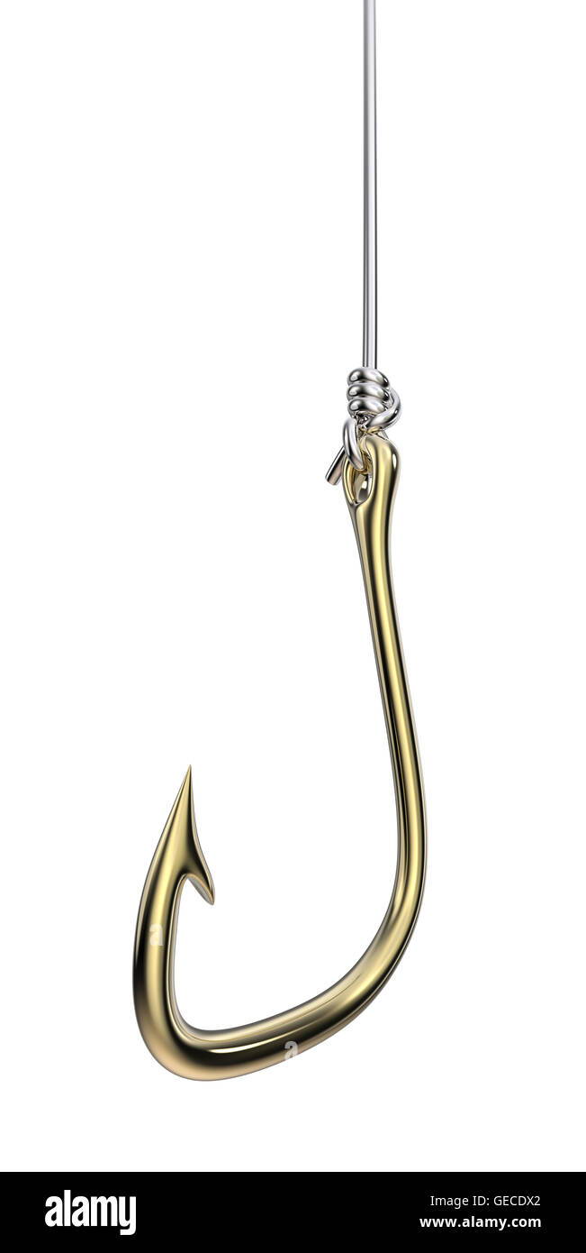 3d Render of Golden Fishing Hook attached to Silver Fishing Line with Clinch Knot. Stock Photo