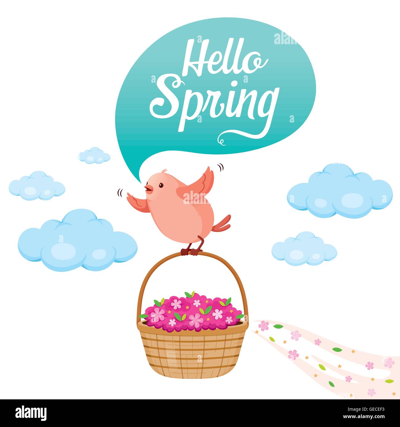 Flying Bird And Flower Basket On Sky, Spring Season, Nature, Children, Animal, Flower Stock Vector
