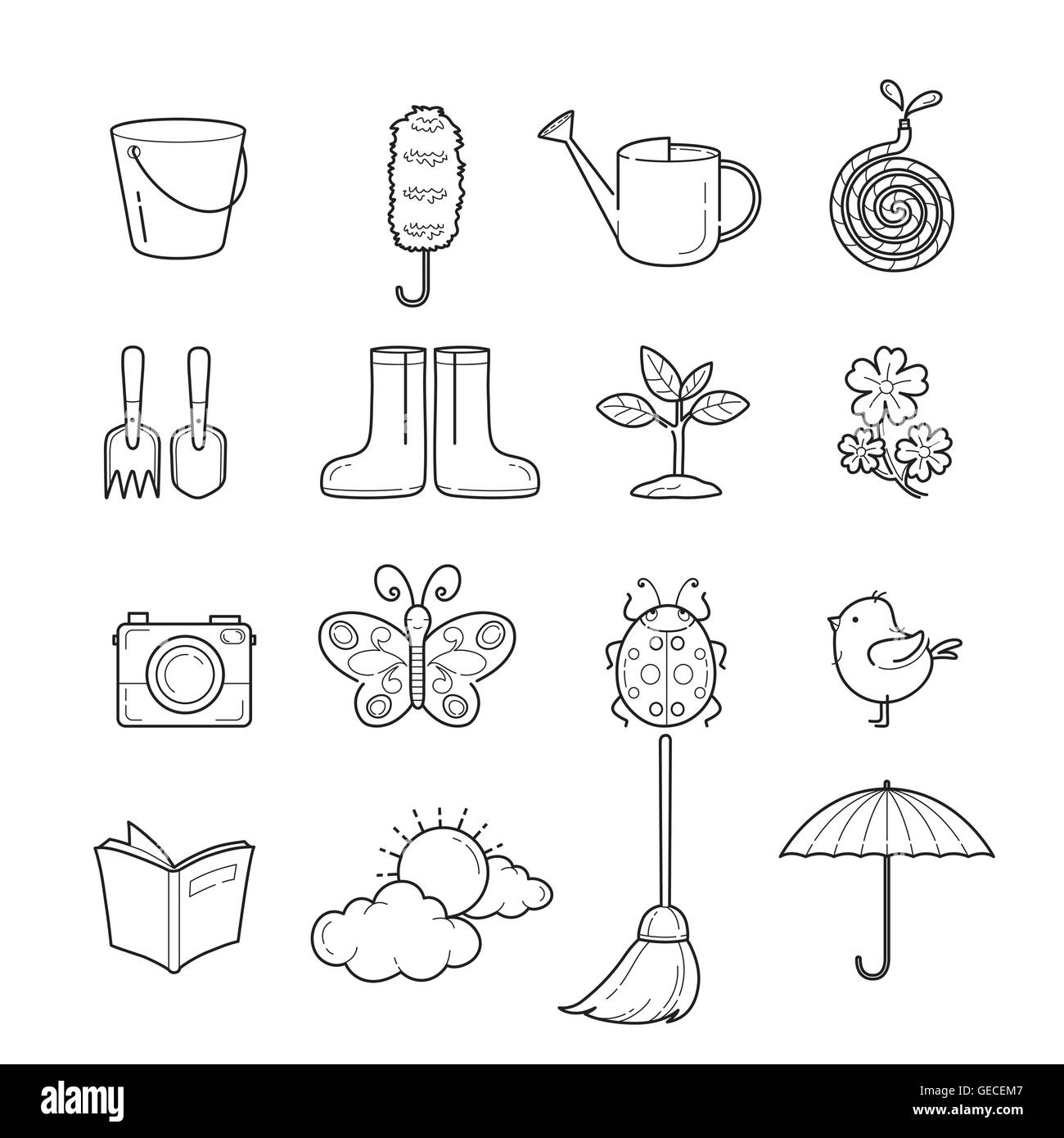 Spring Outline Icons Set, Gardening, Housework, Appliance, Domestic Tools, Computer Icon, Cleaning, Symbol, Icon Stock Vector