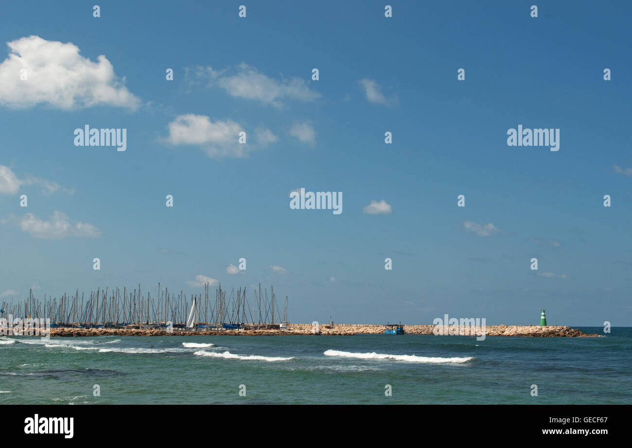 Tel Aviv, Israel: Mediterranean Sea and sailboats at Namal Tel Aviv, Tel Aviv Port, a commercial and entertainment district in northwest of the city Stock Photo