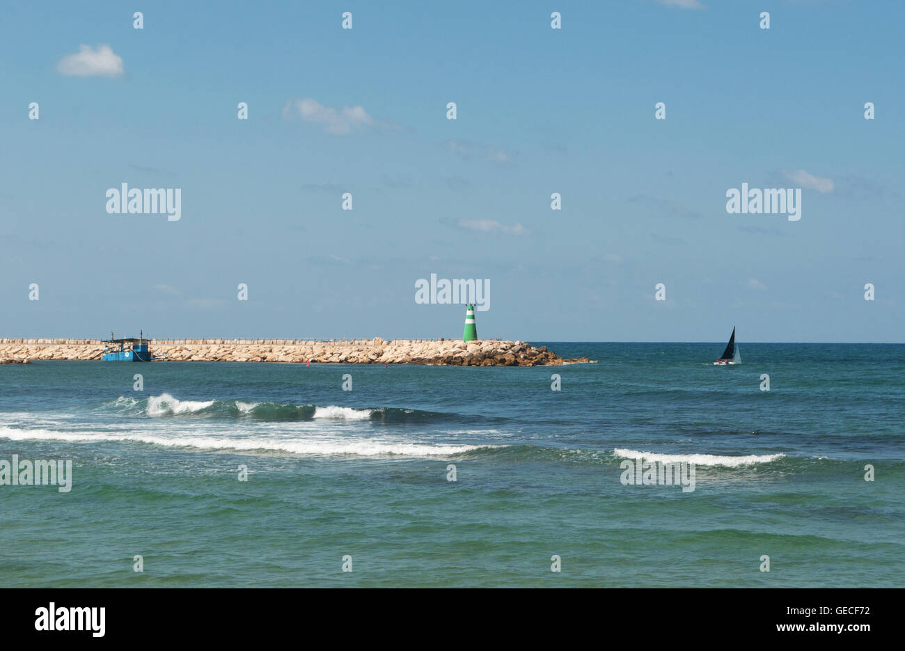 Tel Aviv, Israel: Mediterranean Sea and sailboats at Namal Tel Aviv, Tel Aviv Port, a commercial and entertainment district in northwest of the city Stock Photo