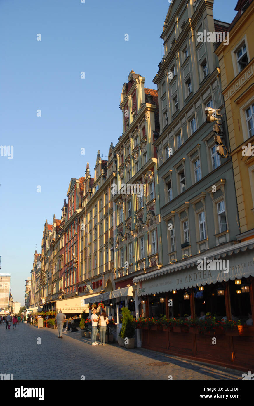 Late summer evening in The Market Square (Rynek), pedestrianised area in the centre of Wroclaw, Silesia, Poland Stock Photo
