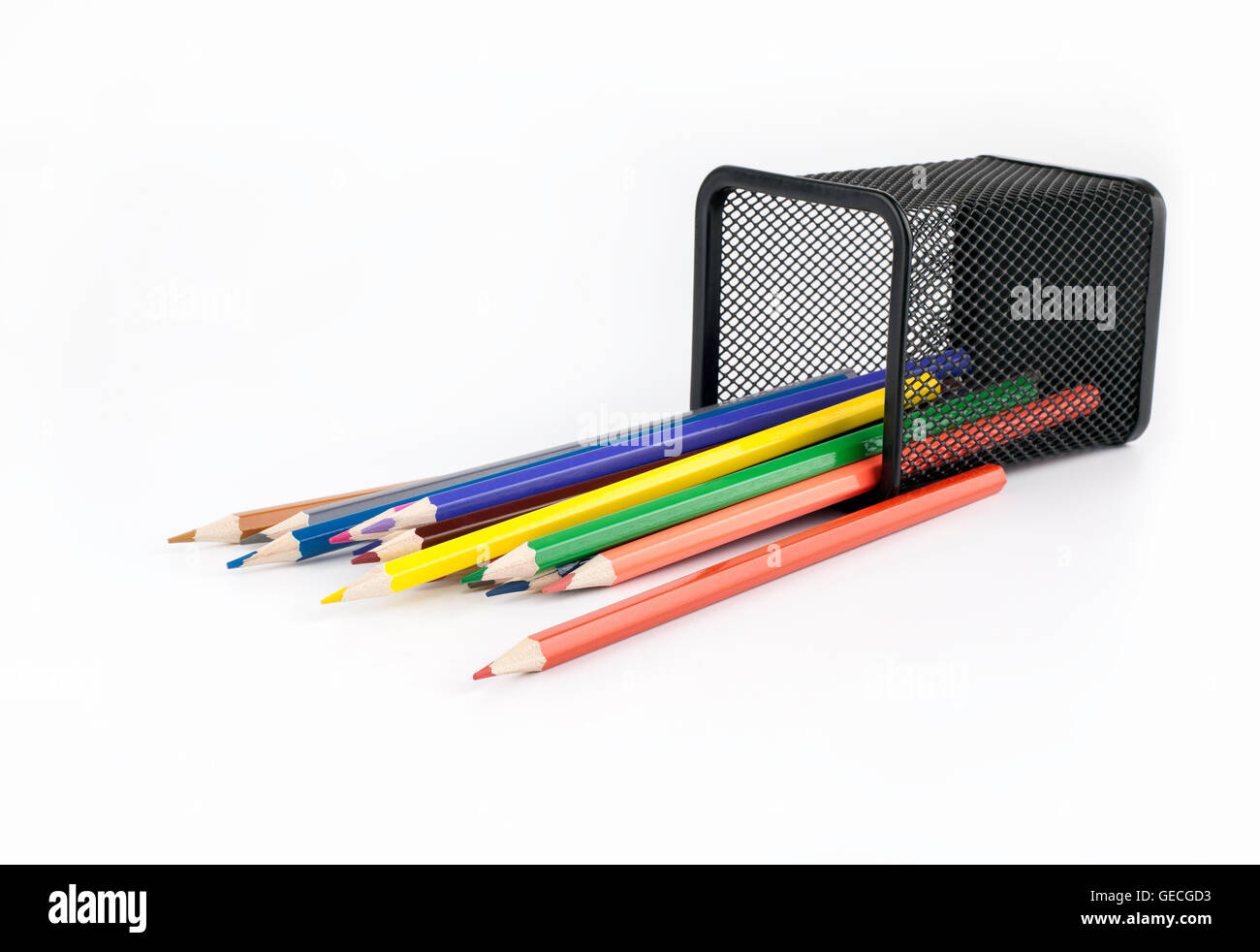 Desk Organizer Filled With Colored Pencils Isolated On White Stock