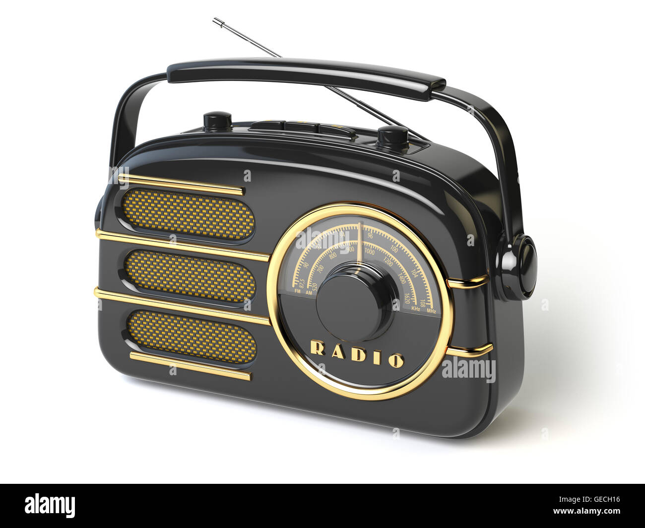 Black vintage retro radio receiver isolated on white. 3d illustration Stock  Photo - Alamy