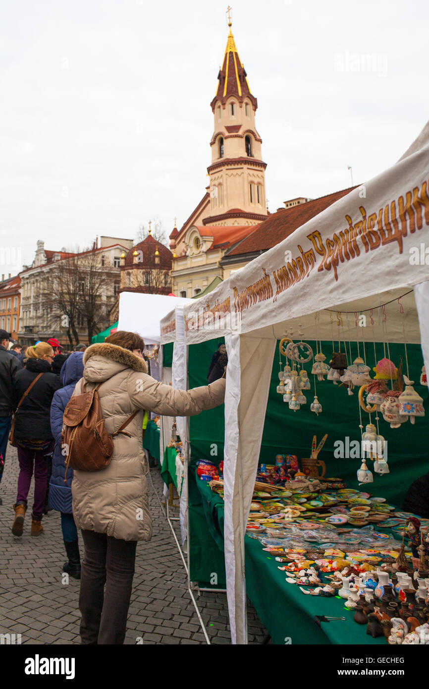 Shoppers browse handicrafts at Kaziuko mugė or Saint Casimir's Fair an annual festival in November in Lithuanian city of Vilnius Stock Photo
