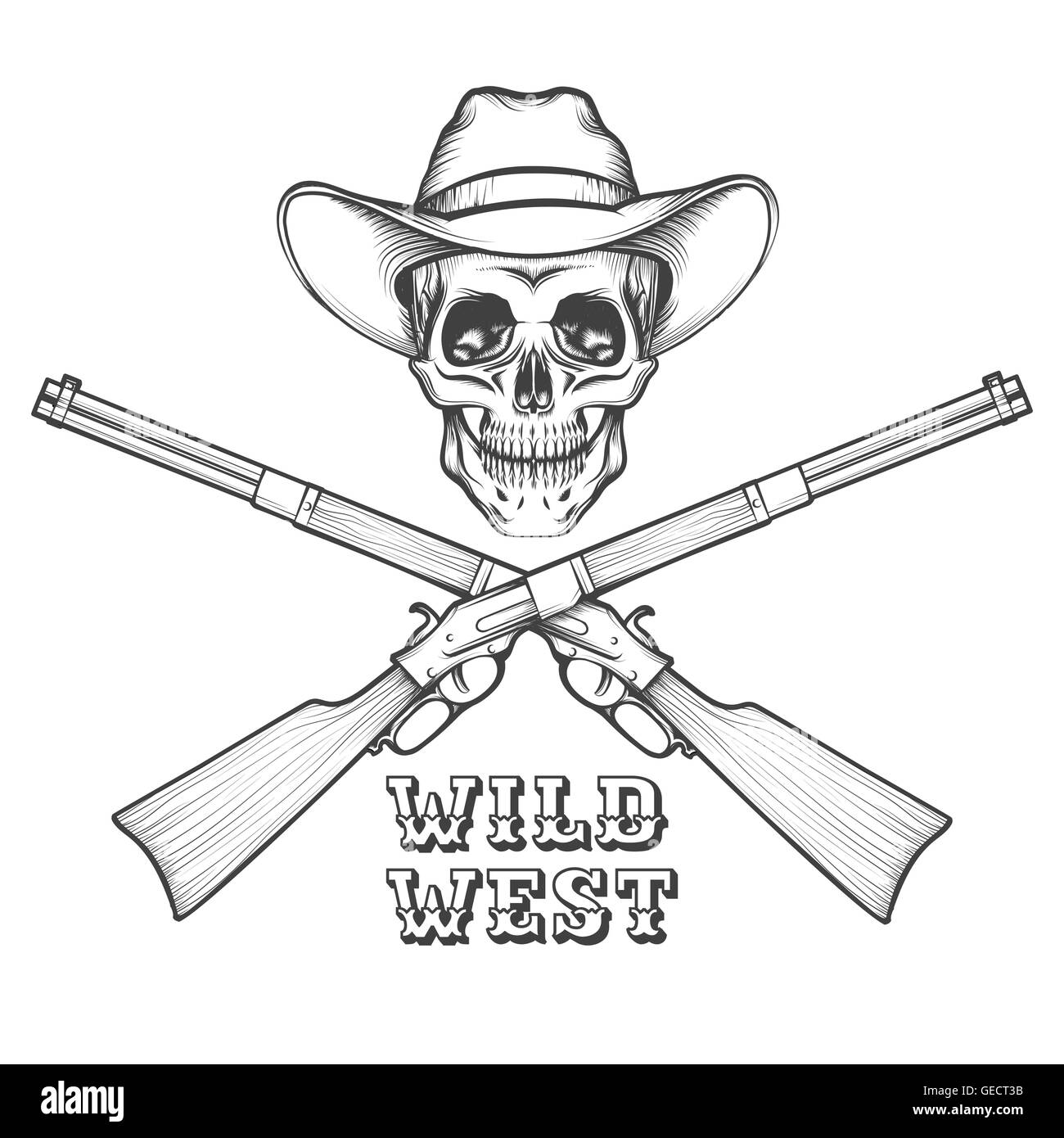 Skeleton in a cowboy hat with Old Rifles. illustration in engraving style. Stock Vector