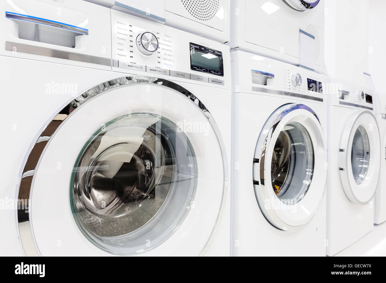 washing mashines in appliance store Stock Photo