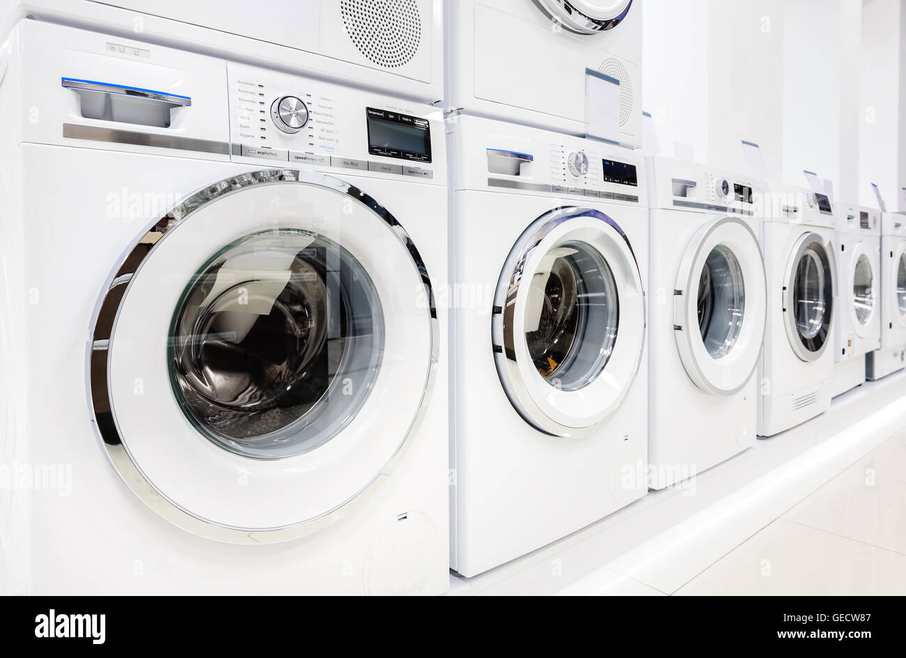 washing mashines in appliance store Stock Photo