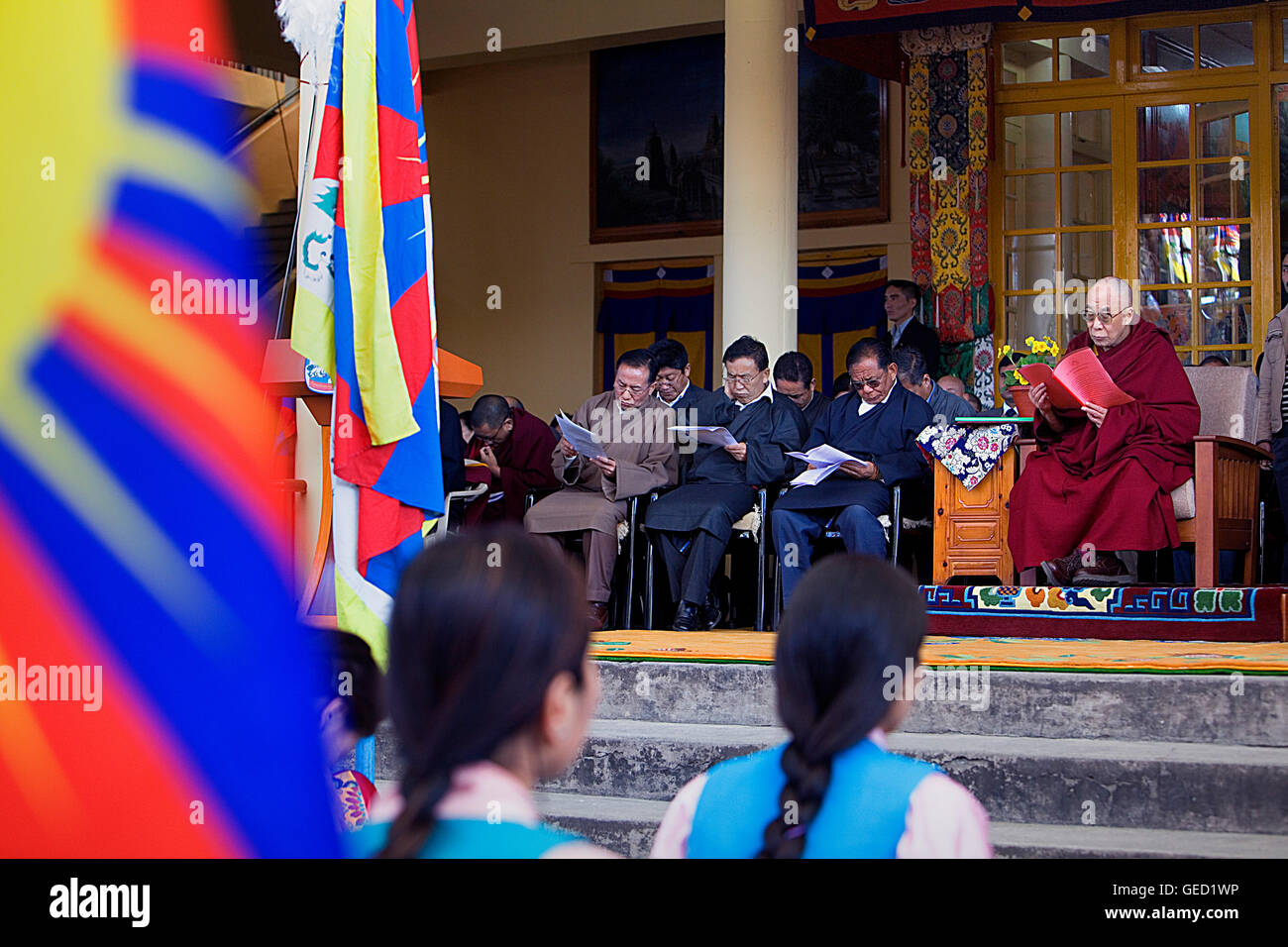 His holiness the Dalai Lama and members of the Tibetan government in exile, in Namgyal Monastery,in Tsuglagkhang complex. McLeod Stock Photo