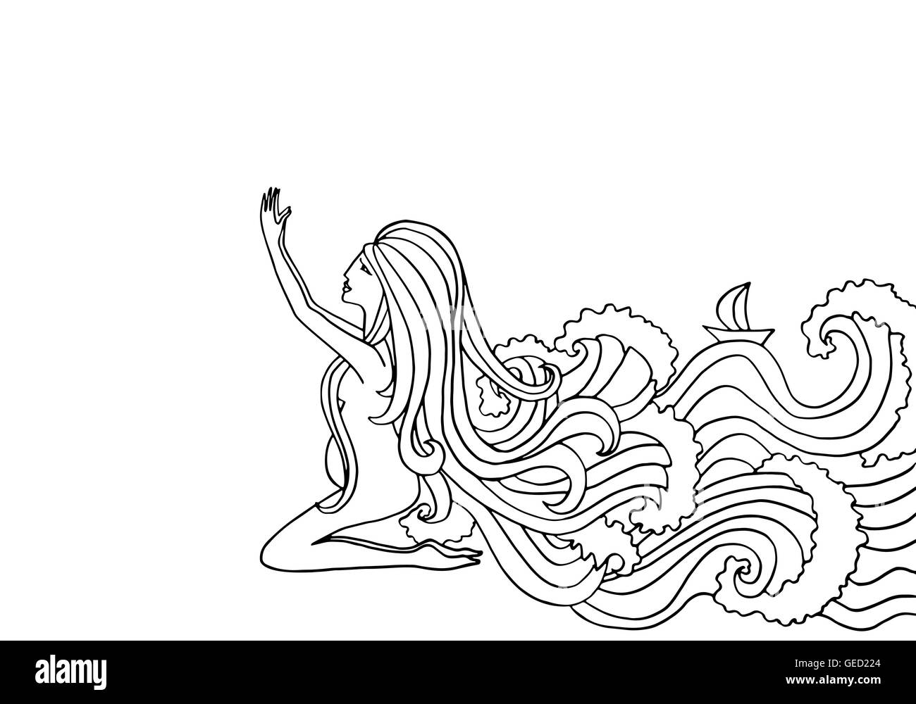 Black and white doodle illustration. Pregnant woman praying. Girl with water instead of hair Stock Vector