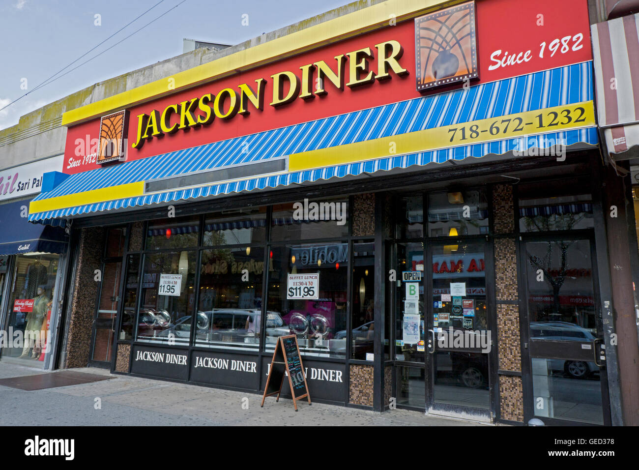 The Jackson Diner Indian restaurant on 74th Street in Jackson Heights, Queens, New York. Stock Photo