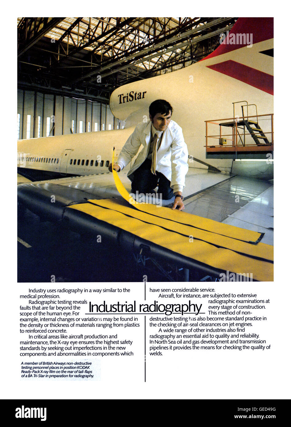 1970's Kodak Ltd promotional image illustrating the use of Kodak x-ray film as a diagnostic tool in air safety...Ian Shaw Kodak Photographer Stock Photo