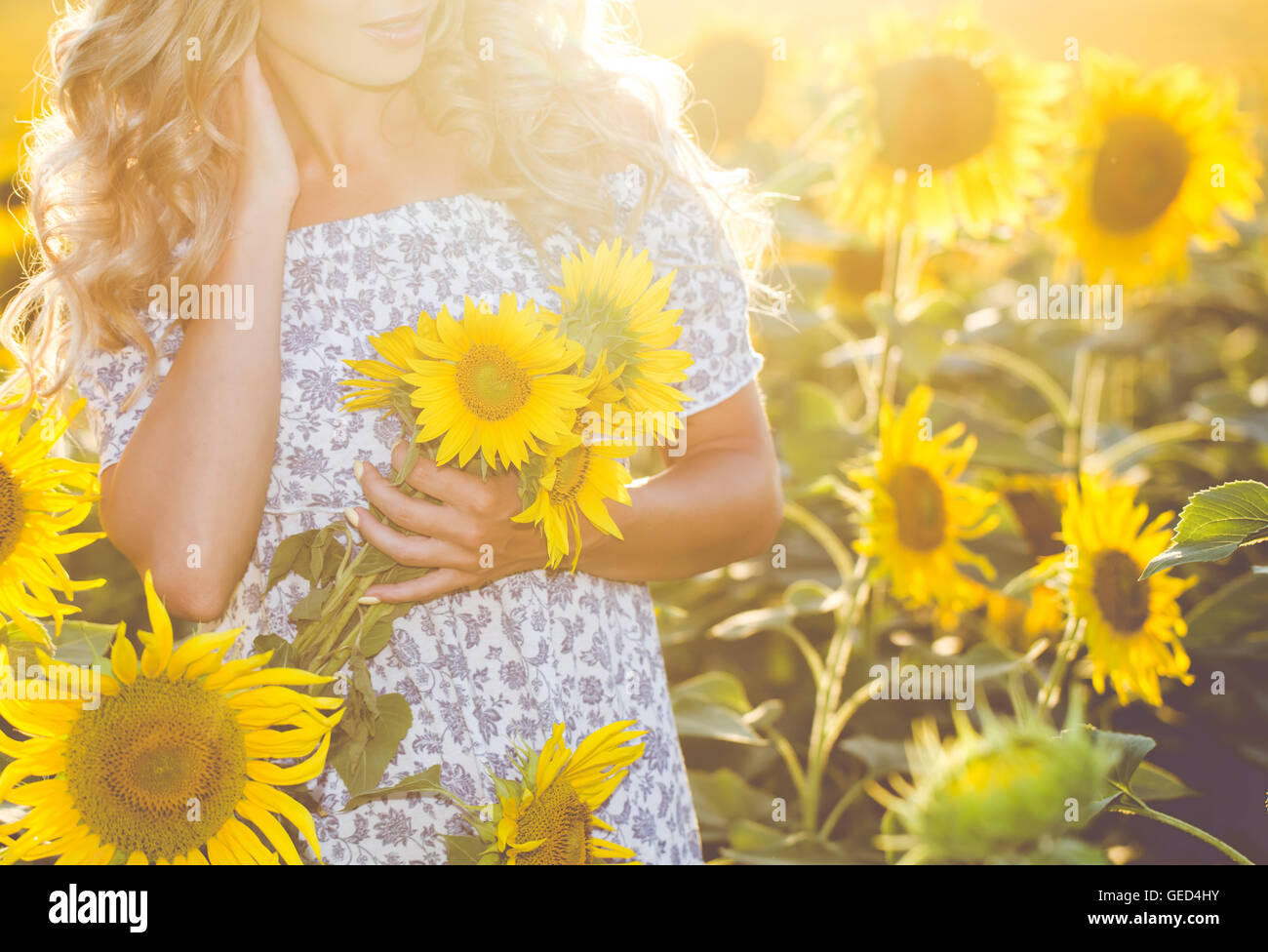 Portrait of the beautiful girl with a sunflowers Stock Photo - Alamy