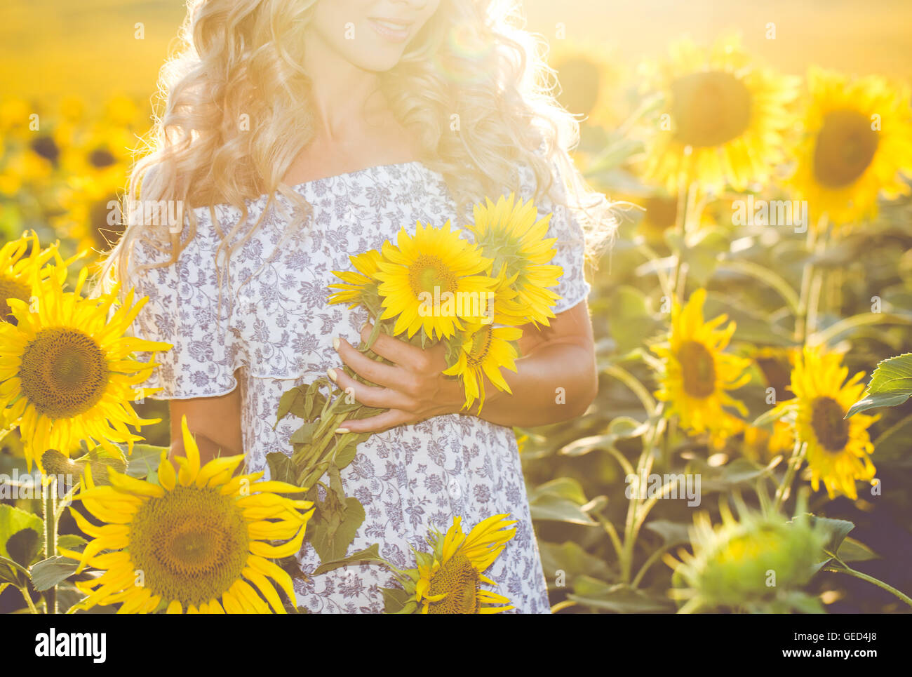 Portrait of the beautiful girl with a sunflowers Stock Photo - Alamy