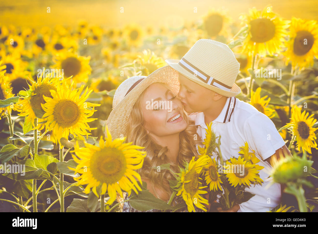 Beautiful woman with son in sunflower field Stock Photo - Alamy