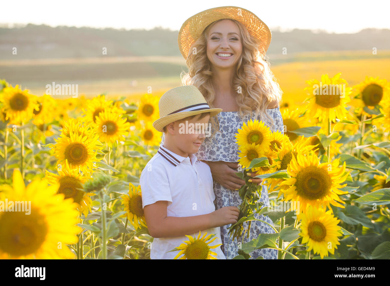 Beautiful woman with son in sunflower field Stock Photo - Alamy