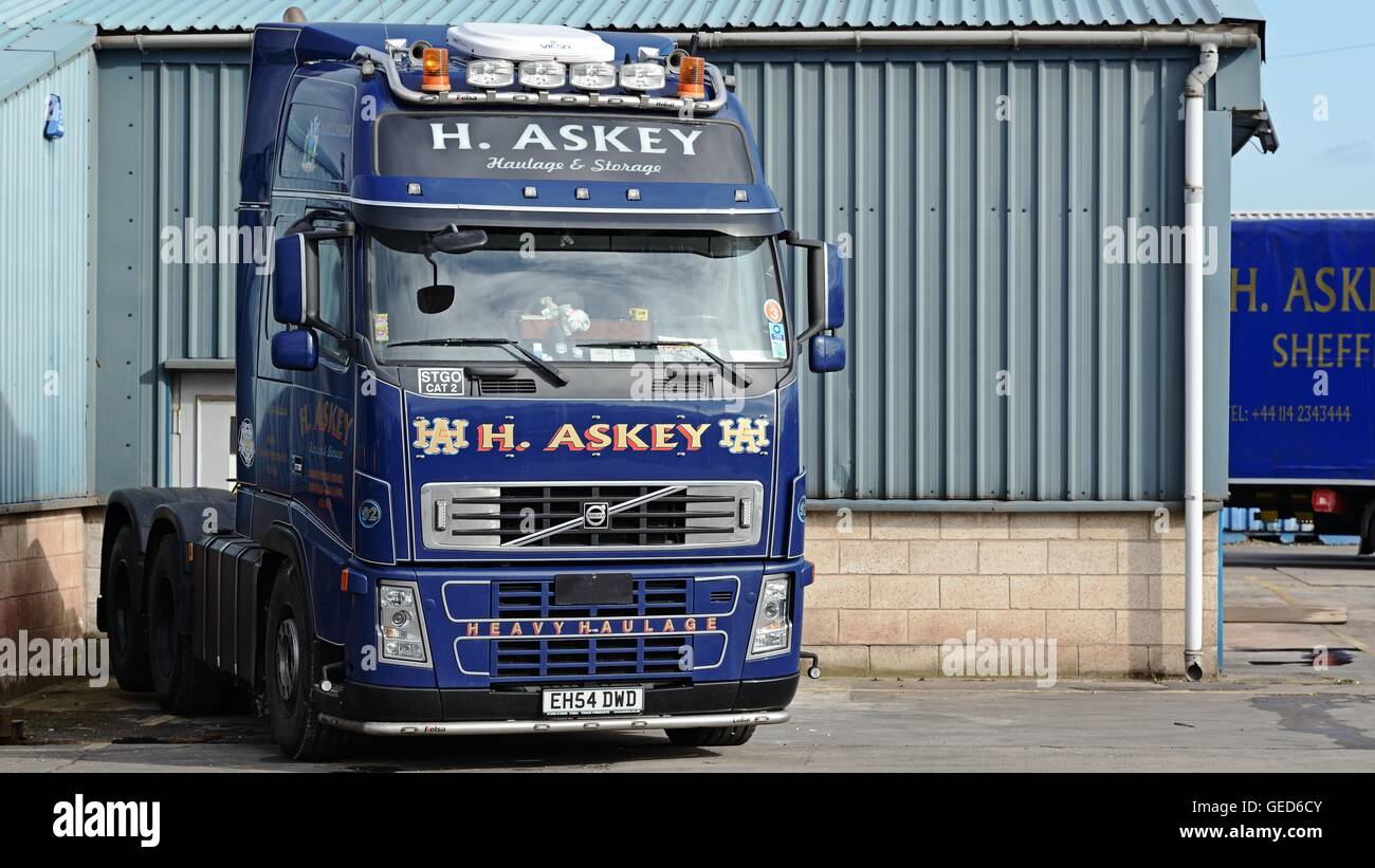 Volvo STGO Cat2 heavy tractor unit parked in a haulage yard Stock Photo