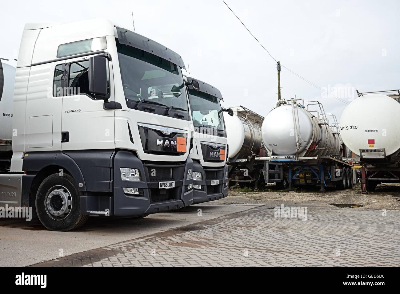 Man truck tractor units parked alongside tanker trailers in a haulage yard Stock Photo