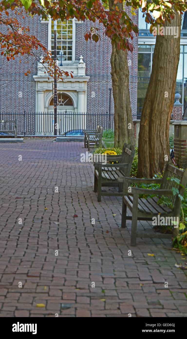 Two benches at a park in front of a church in Philadelphia Stock Photo ...
