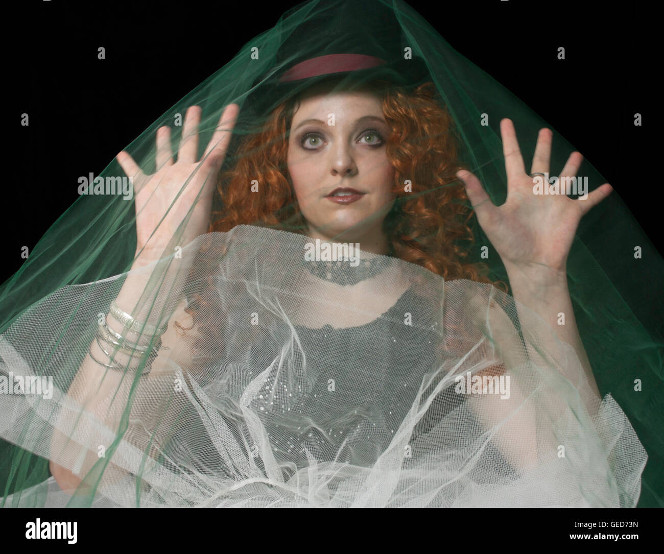 Beautiful woman with red hair wearing top hat and veil Stock Photo