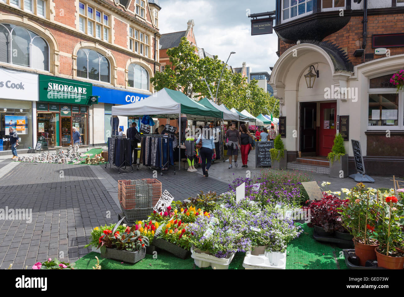 Plant stall at outdoor market, Redhill High Street, Redhill, Surrey, England, United Kingdom Stock Photo