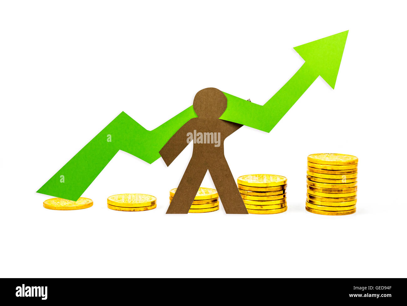Money Graph pointing upwards with person supporting it Stock Photo