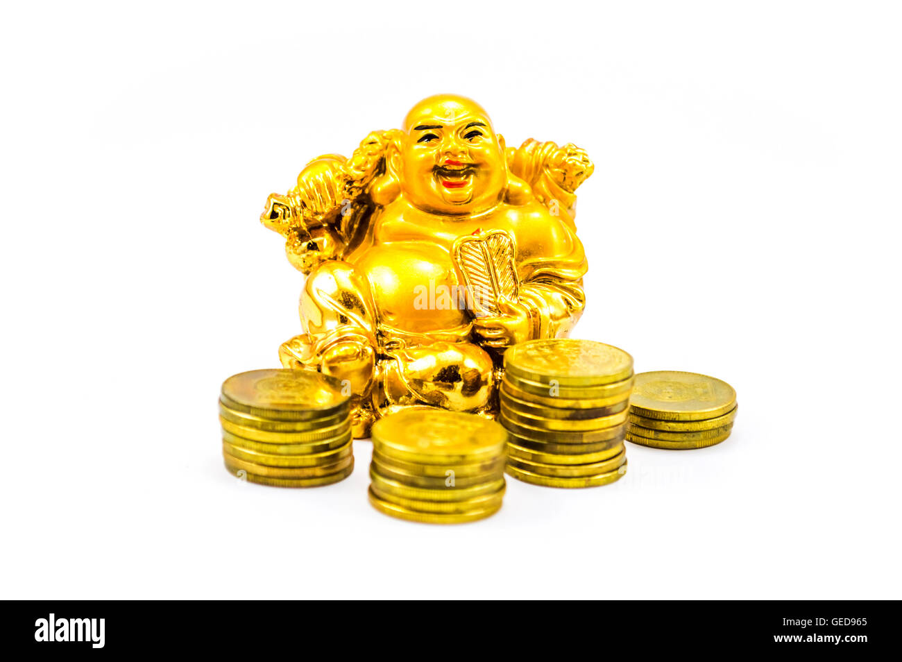 laughing   Buddha with gold coins Stock Photo