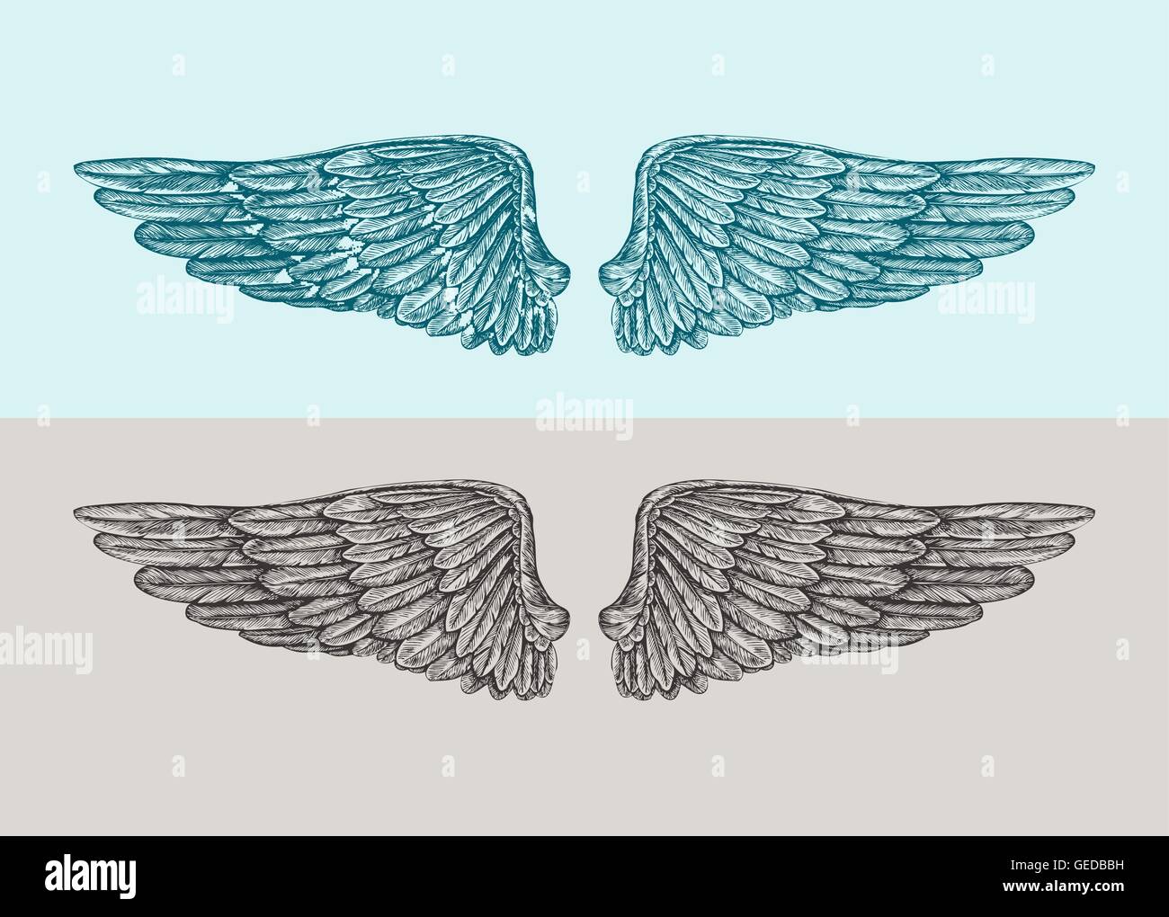 Hand drawn vintage angel wings. Sketch vector illustration Stock Vector