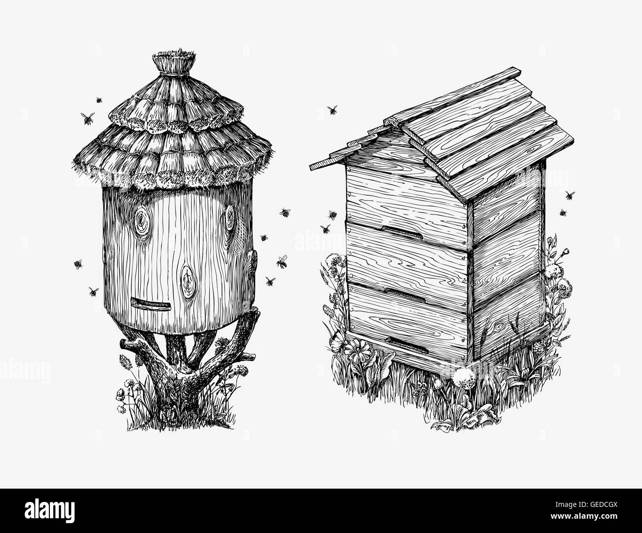 Wooden hives. Hand drawn sketch beekeeping, honey, bees. Vector illustration Stock Vector