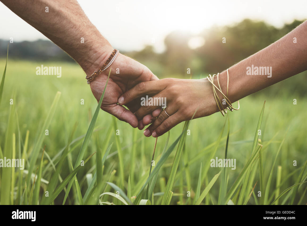 Shot of romantic couple holding hands in a field. Close up shot of man and woman with hand in hand walking through grass field. Stock Photo