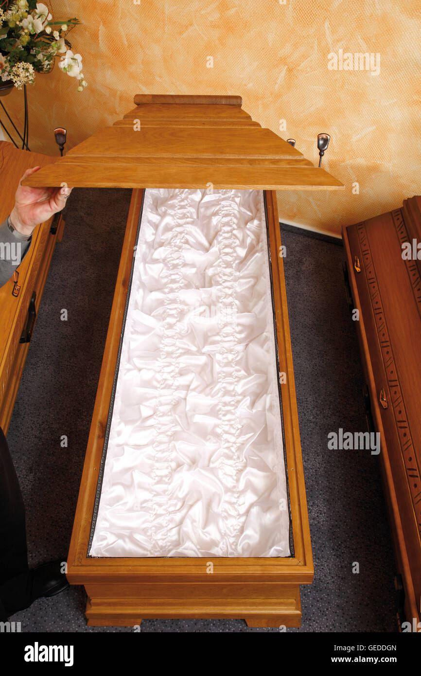 Open coffin showing interior Stock Photo