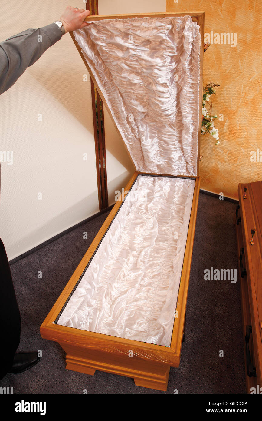 Open coffin showing interior Stock Photo