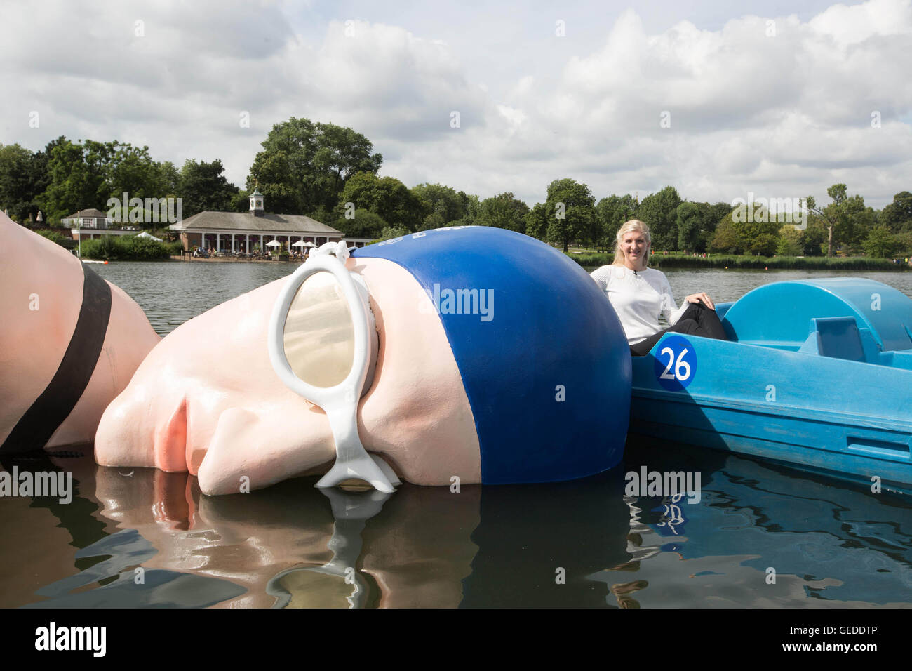 Rebecca Adlington with a 12ft x 40ft sculpture of the British swimming champion after it was unveiled in The Serpentine in London&Atilde;&shy;s Hyde Park, as part of the Kellogg&Atilde;&shy;s #GreatStarts Olympic campaign, to encourage the public to support Team GB at Rio 2016 Olympics. Stock Photo