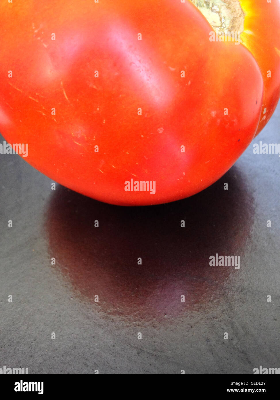 Red tomato on gray textured background Stock Photo